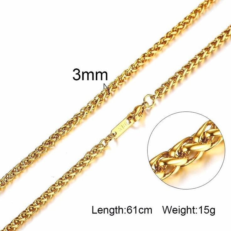 Metals Type: STAINLESS STEEL Gender: Men Necklace Type: Chains Necklaces Style: TRENDY Chain Type: Link Chain Material: Metal Shape\pattern: ROUND Pendant Size: 3-6MM Chain Length: 24-27 inch Color: gold tone Gold Stainless Steel Rope Chain Necklace, Gold Metal Rope Chain Necklace, Gold Necklace With Wheat Chain In Metal, Gold Wheat Chain Necklace In Stainless Steel, Gold Stainless Steel Necklace With Wheat Chain, Gold Stainless Steel Wheat Chain Necklace, Men's Necklace Gold, Men Chain, Jewelry Wishlist