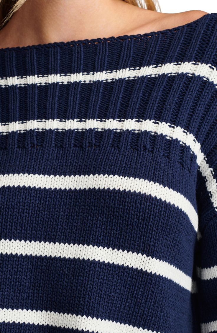 Textural ribbing frames a comfy cotton pullover sweater fashioned with a wide neck, slouchy sleeves and an abbreviated hem. Boat neck Long sleeves 100% cotton Machine wash, tumble dry Imported Striped Ribbed Cotton Sweater, Striped Cotton Sweater With Ribbed Detail, Striped Cotton Sweater With Ribbed Collar, Crop Sweater, Cotton Pullover, Navy Stripes, Sweater Fashion, Cropped Sweater, Boat Neck