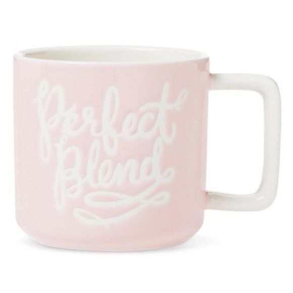 a pink coffee mug with the words perfect blend printed on it