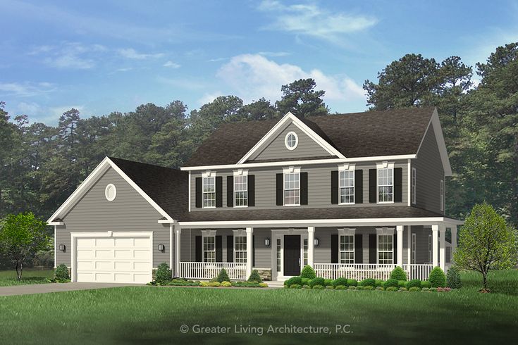 a two story house with white trim and black shutters