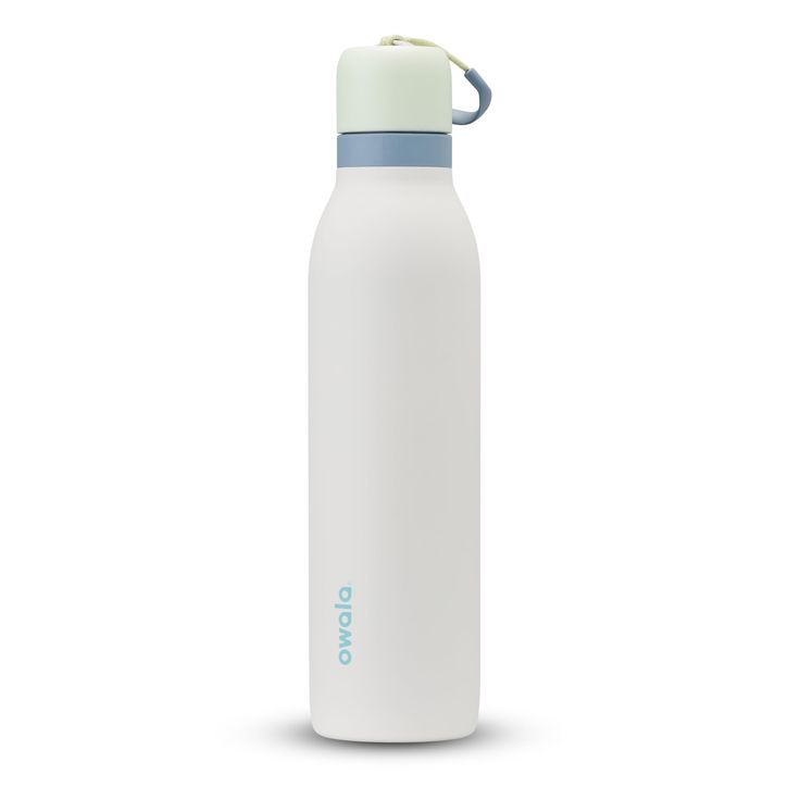 a white and blue water bottle on a white background