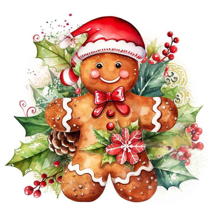 a watercolor painting of a ginger with holly and christmas decorations on it's chest