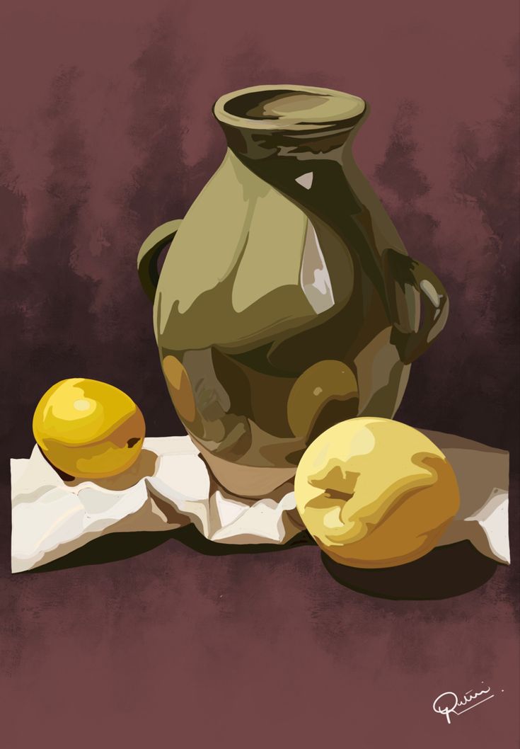 a painting of a vase and two lemons sitting on a table cloth next to each other