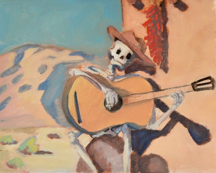 a painting of a skeleton playing the guitar