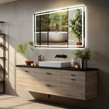 a bathroom with a sink, mirror and shelving unit on the wall next to it