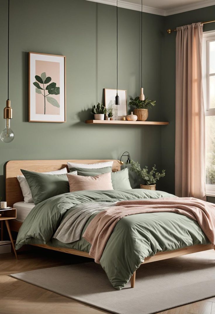 a bedroom with green walls and bedding in the corner, along with two windows