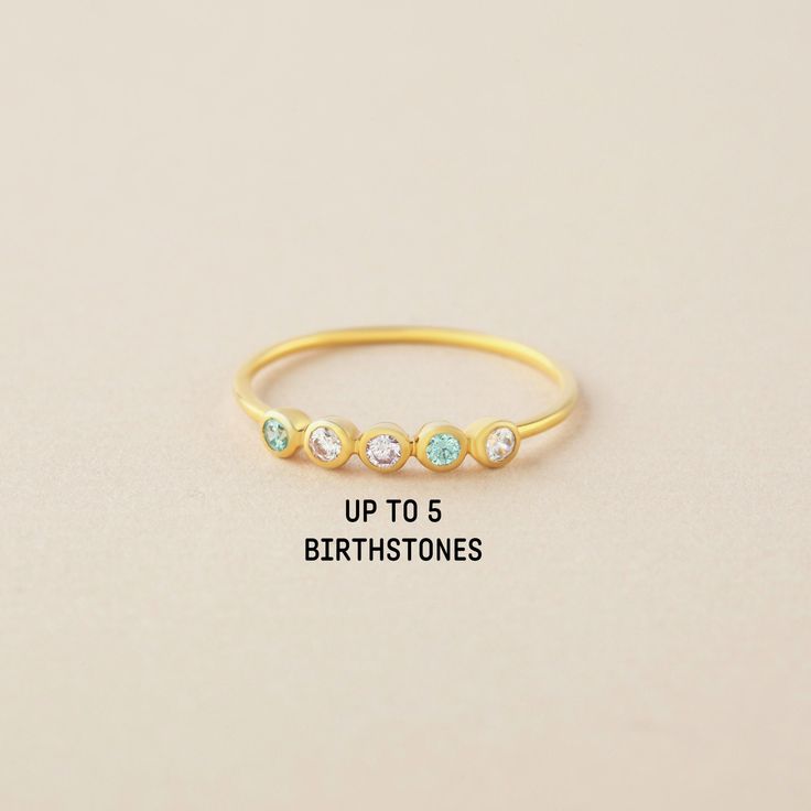 "♥ Family Birthstone Ring ♥ Customed by kids' birthstones, this beautiful and dainty ring is a perfect gift for your mom or your loved one. P R O D U C T ∙ I N F O * Material: Solid 925 Sterling Silver * Finishing: Silver - Yellow Gold - Rose Gold * Up to 5 stones * Each stone measures approx. 1/16'' (2mm) H O W * T O * O R D E R 1. Select the drop-down option you want 2. Please let us know the following information in the \"Add your personalization\" box or \"Note to Seller\" box: - The birthst Birthstone Ring With Round Stone As Gift, Yellow Gold Birthstone Ring For Birthday, Birthday Birthstone Ring With Gemstone, Dainty Adjustable Birthstone Ring With Round Stone, Round Birthstone Ring For Birthday Gift, Dainty Birthstone Ring With Accent Stones, Round Gemstone Birthstone Ring For Birthday, Round Birthstone Ring As Birthday Gift, Round Birthstone Ring With Gemstone For Birthday