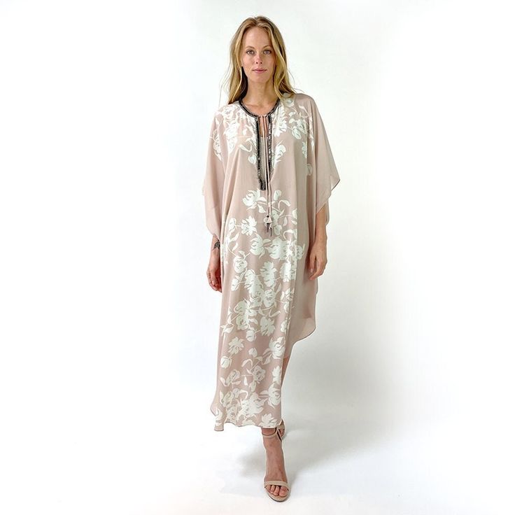 "A caftan is a perfect addition to any women's wardrobe. It can be worn day into night, as a stunning swimsuit cover-up at the beach, as well as a glamorous evening dress over a slip (sold separately in my shop), or over leggings. Made from airy silk, it is cool and airy, and great for warm weather. Hand beaded with ornate metal beads. Caftans are one size fits most, and look great on all shapes and sizes. Width is 45\" and length is 56\" from the center back neck to the center bottom edge." Elegant Long Vacation Cover-up, Elegant Flowy Maxi Length Cover-up, Chic Dresses For Resort Season, Chic Silk Kaftan For Beach Cover-up, Bohemian Evening Dress For Beach Season, Chic Beige Maxi Dress For Loungewear, Bohemian Maxi Dress For Beach Season Evenings, Summer Daywear Dresses With Kimono Sleeves, Elegant Spring Kaftan For Beach Cover-up