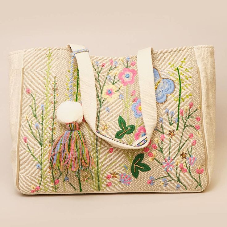 Flowers and Butterfly Embroidered Tote Bag - Pretty Crafty Lady Shop Tote With Flowers, Pom Pom Tote Bag, Butterfly Details, Cloth Tote Bag, Boho Tote, Tote Outfit, Embroidered Tote Bag, Embroidered Tote, Satchel Tote Bag