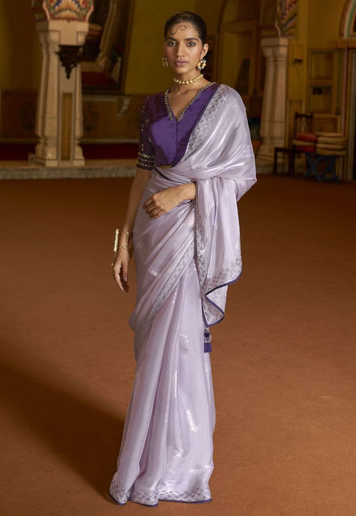 Light purple organza saree with blouse 2023  Desc:  Color : Light Purple Fabric : Organza Wash Care : Dry clean Sleeve Style : Half Sleeve Long Sleeves : Done only in Custom Stitch Sleeves Lining : Done only in Custom Stitch Bust Size : 32 to 42 Inches Occasion : Festival   Diwali   Eid   Durga Pooja   Ganesh Charturthi   Dussehra. With Express Free Shipping and Custom Stitching, Buy Indian Party wedding and bridal sarees Light purple organza saree with blouse 2023 online in USA, UK and Canada f Purple Pre-draped Saree With Zari Work For Celebration, Purple Pre-draped Saree For Festivals, Purple Chanderi Pre-draped Saree For Wedding, Purple Organza Pre-draped Saree With Dupatta, Purple Organza Pre-draped Saree For Diwali, Purple Pre-draped Saree With Cutdana For Party, Purple Georgette Pre-draped Saree For Festivals, Purple Silk Pre-draped Saree For Party, Celebration Purple Georgette Pre-draped Saree