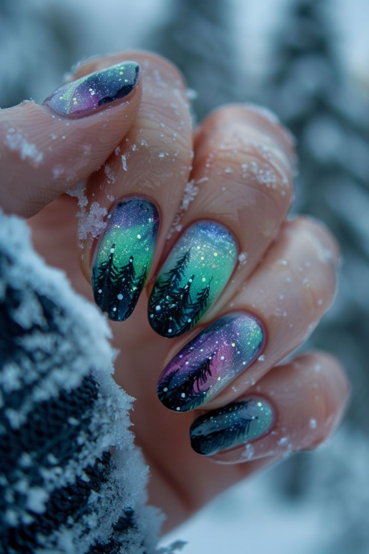 Northern Light Inspired Nails, Aurora Borealis Nails Design, Northern Lights Inspired Nails, Aurora Gel Nails, Iceland Nails Designs, Nail Designs Dramatic, Northern Lights Nail Designs, Aurora Borealis Nail Art, Nails For Alaska