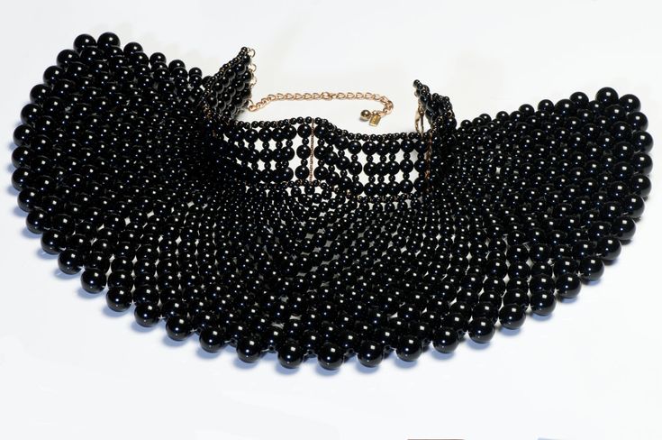 Vintage 1990's Escada Couture Wide Black Beads Bib Choker Necklace. Vintage Black Beads Choker As Gift, Vintage Black Beaded Necklace With Large Beads, Vintage Black Beaded Choker Necklace, Wide Choker Necklace, Vintage Large Black Beads, Vintage Black Large Beads, Genuine Love, Costume Jewelry Necklaces, Gold Tone Necklace