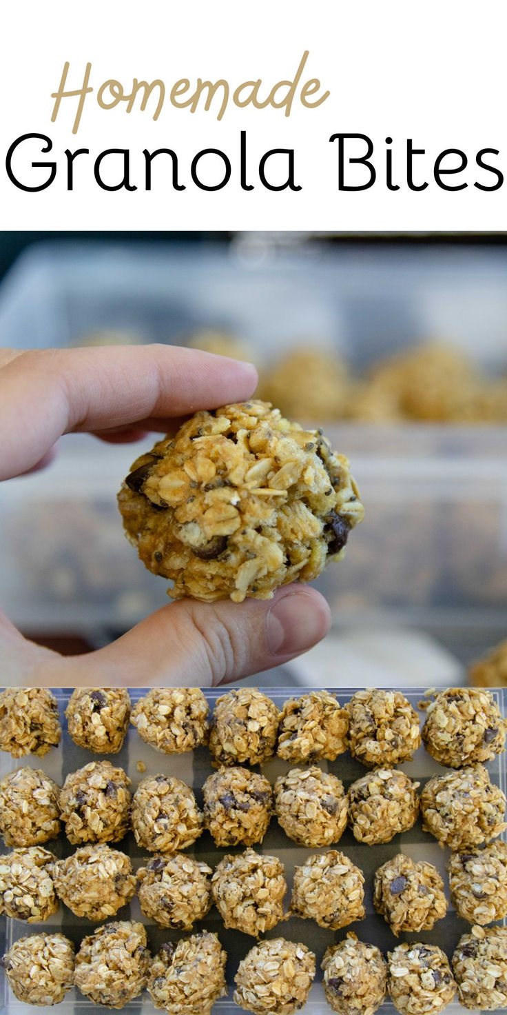 homemade granola bites in a plastic container with text overlay