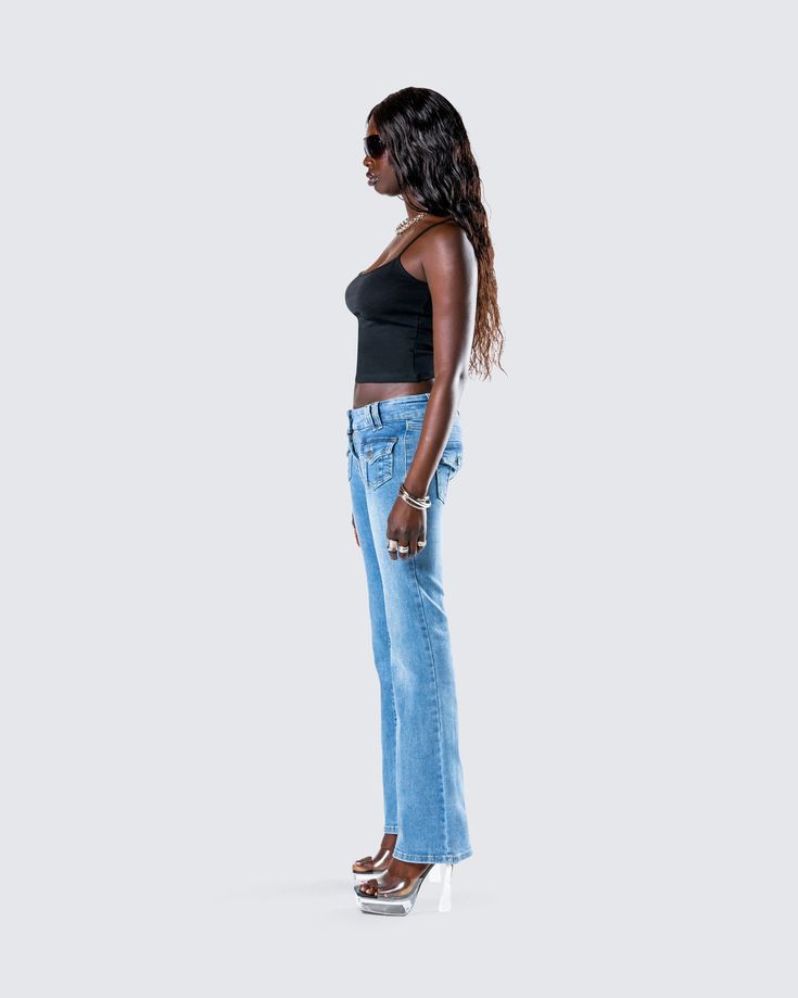 We love a little Y2Slay moment 💅 Featuring a black cami top paired with blue denim patch pocket jeans - this simple yet chic two-piece set can be dressed up or down to match the vibes for any occasion 🖤 Chic Cropped Denim Blue Jeans, Trendy Jeans For Night Out, Chic Cropped Denim Blue Flare Jeans, Chic Cropped Denim Flare Jeans, Summer Flare Jeans For Night Out, Summer Denim Flare Jeans For Night Out, Trendy Cotton Jeans For Night Out, Dark Wash Cotton Jeans For Night Out, Denim Blue Jeans For Summer Night Out