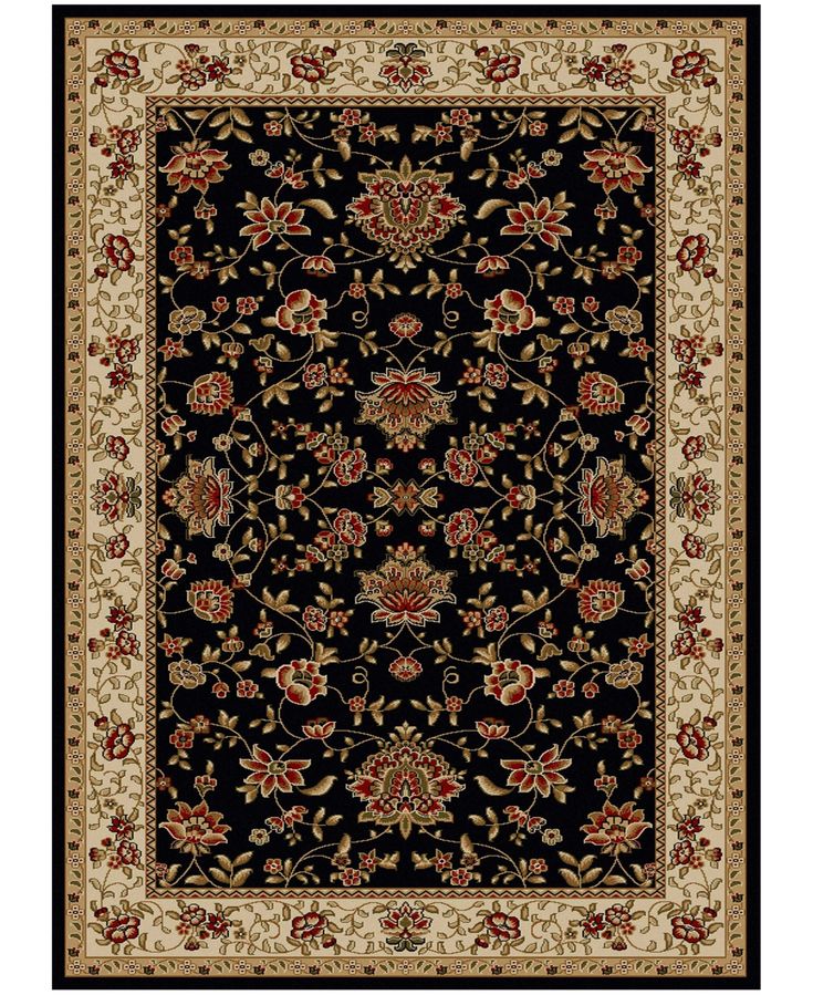 a black rug with red and white flowers on it, in the middle of an ornate border