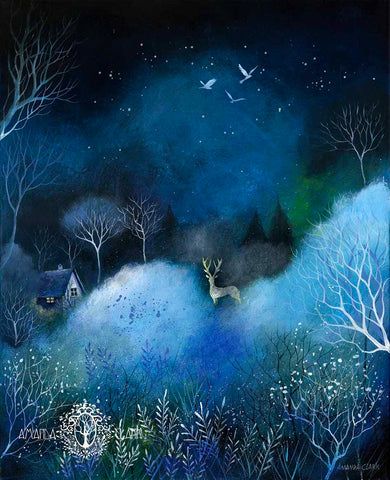 a painting of trees and birds flying in the night sky with blue hues, white stars