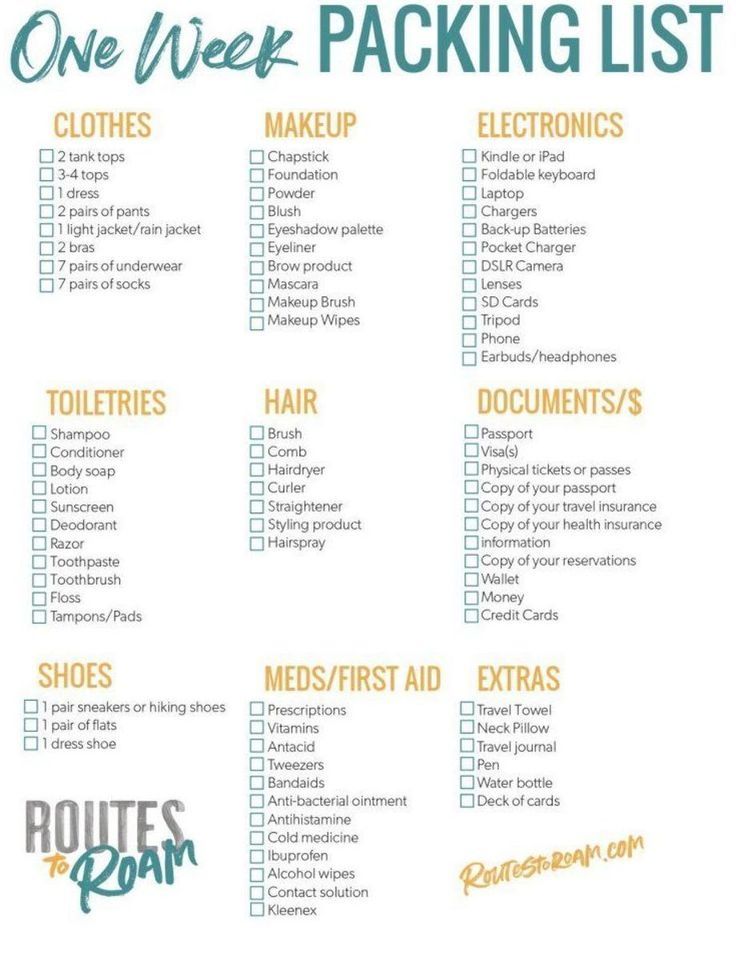 the one week packing list is shown on a blue background with an orange and yellow checklist