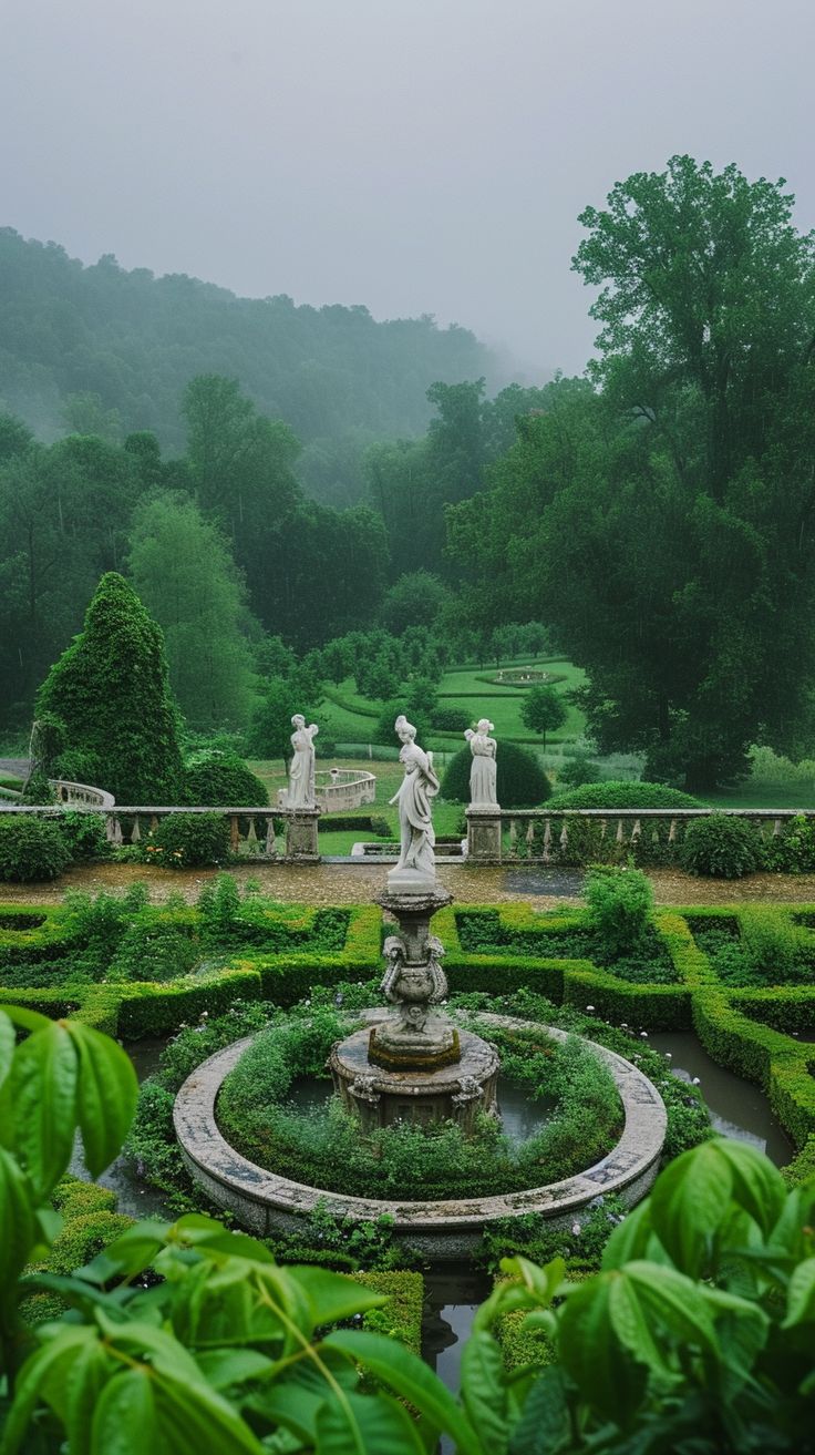 a fountain in the middle of a garden surrounded by greenery