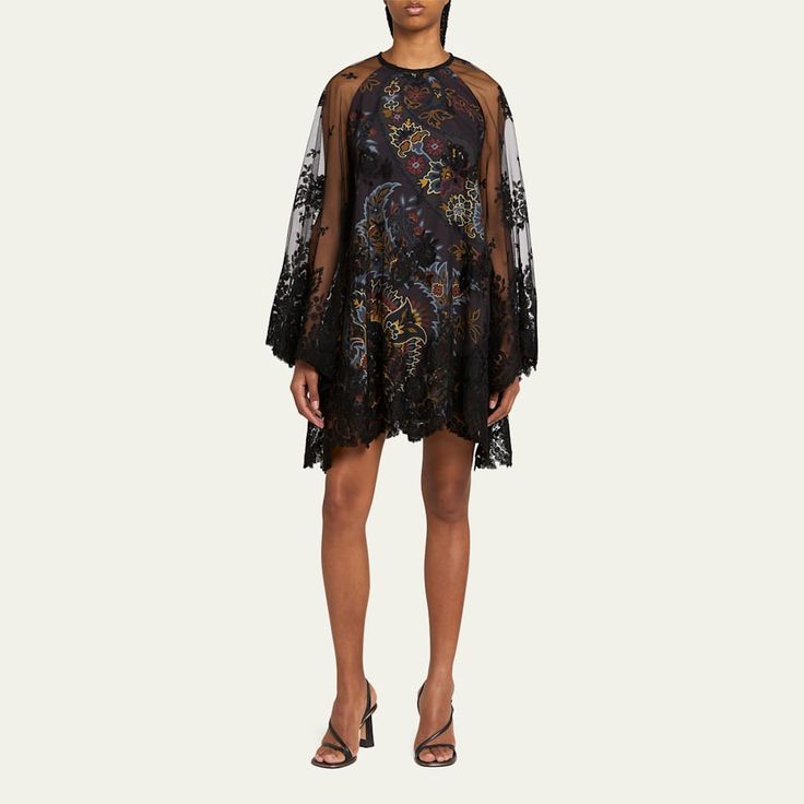 Etro printed dress with floral embroidery Jewel neckline; button/keyhole back Long kimono sleeves Short length Shift silhouette Asymmetric scallop hem Slipover style Nylon/polyamide/cotton/viscose Dry clean Made in Italy Dress With Floral Embroidery, Embroidered Kimono, Scallop Hem, Kimono Sleeves, Jewel Neckline, Long Kimono, Cotton Viscose, Kimono Sleeve, Scalloped Hem