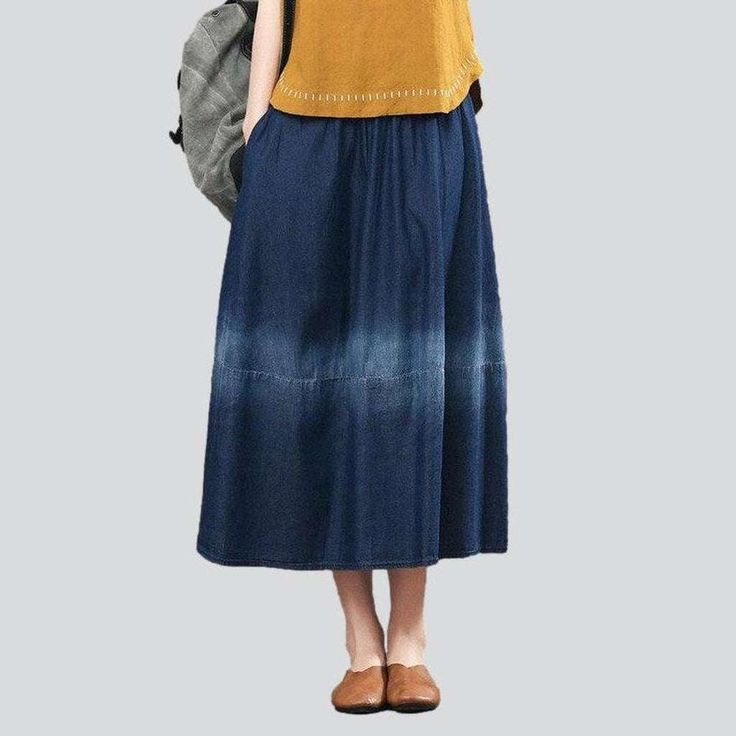 Take your urban trend to the next level with this 2023 Autumn Collection Dark-Wash. Fit-and-Flare. High-Waisted Contrast Band Lengthy Denim Skirt! Crafted with a rubber closure for a snug fit. this piece brings together conventional style and trendy fashion. making it a must-have for any fashion-forward wardrobe.Why You'll Fall in Love Street Style: Combine traditional and fashion vogue effortlessly with this denim skirt. perfect for any street style enthusiast. Dark Wash: The dark wash finish a Non-stretch Mid-rise Denim Skirt For Spring, Indigo Baggy Bottoms For Spring, Casual Long Denim Skirt, Trendy Flare Skirt For Spring, Dark Wash High Waist Cotton Skirt, Flared Denim Skirt For Summer, Non-stretch Denim Wide-leg Skirt, Non-stretch Denim Wide Leg Skirt, Non-stretch Wide Leg Denim Skirt