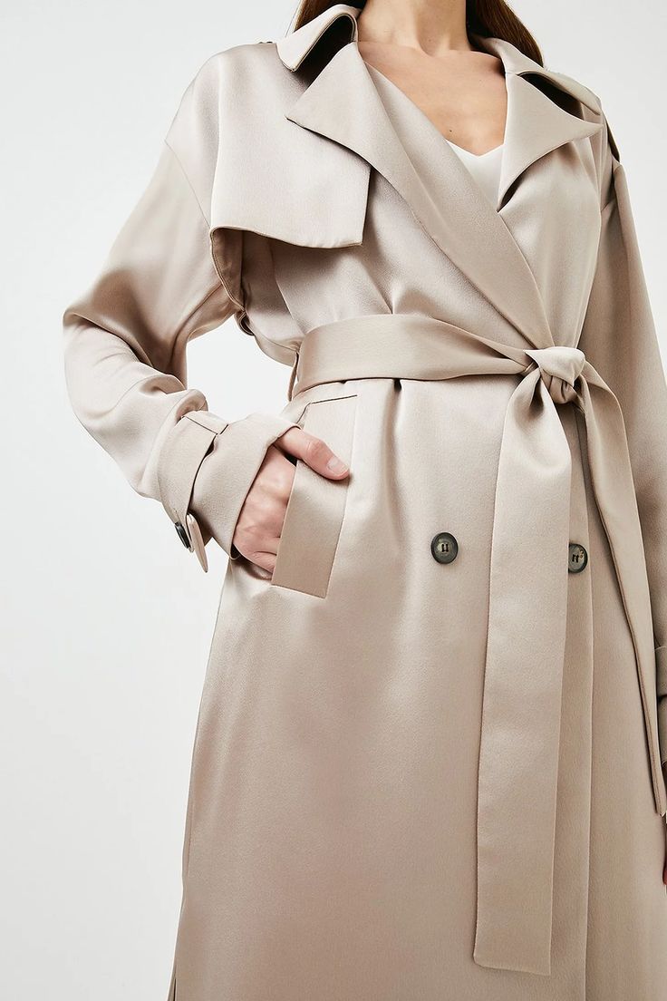 Satin Crepe Trench Coat | Karen Millen Silk Outerwear With Lapel Collar And Double Button Closure, Silk Outerwear With Double Button And Lapel Collar, Chic Satin Outerwear With Hidden Button Closure, Elegant Outerwear With Belted Cuffs, Sleek Silk Long Sleeve Outerwear, Luxury Silk Double-breasted Outerwear, Spring Satin Outerwear With Lapel Collar, Chic Silk Outerwear With Double Button Closure, Chic Silk Outerwear With Hidden Button Closure