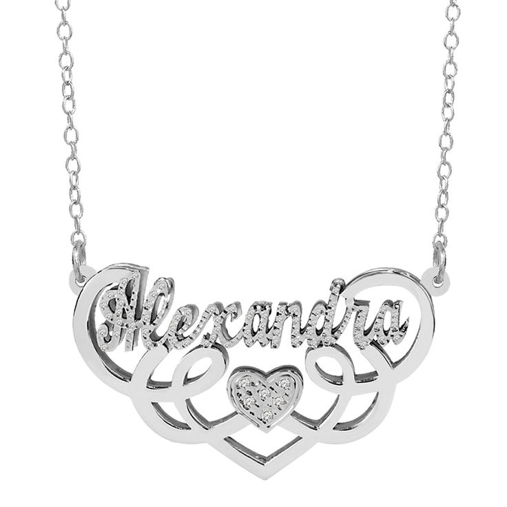 Stand out with our feminine handcrafted Fancy Double Name Necklace made by artisans out of either: Silver Plated, Gold Plated, 925 Sterling Silver, or 14K Gold Over Sterling Silver. This piece can be personalized with 20 Cubic Zirconia as an upgrade and holds a name of up to 10 Characters (Letters only NO numbers or special characters). Necklaces showed with the Default Chain. Sterling Silver option comes with Link Chain as default. You can upgrade to your preference for an additional cost. Meas Silver Hallmarked Nameplate Jewelry, Luxury Silver Name Necklace With Diamond Accents, Luxury Silver Diamond Name Necklace, Luxury Sterling Silver Nameplate Necklace, Luxury Custom Name Necklace In Sterling Silver, Luxury Custom Sterling Silver Name Necklace, Luxury Sterling Silver Personalized Necklace, Personalized Silver Diamond Name Necklace, Fine Jewelry Name Necklace With Diamond Accents