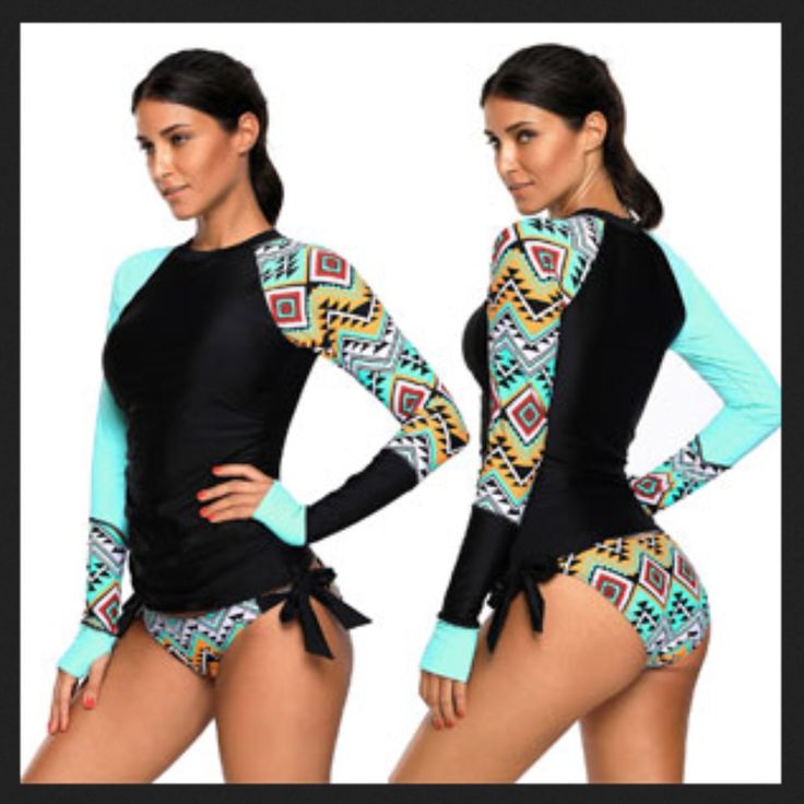 New Without Tags Women's Long Sleeves Rash Guard Athletic Swim Aztec Tankini Sets Breathable, Quick Drying And Stretch Fabric Allows Easy Movement Through The Surf And Water. Long Sleeve Rash Guards Provides Full Protection From Uv Ray Damage When Surfing And Sunbathing. Long Sleeve Rashguard Swimsuit For Women Protect You Well After Swimming Once Getting Out Of Water, Low Waist Bottom Made You More Sexy And Charming Bohemian Long Sleeve Fitted Swimwear, Bohemian Fitted Long Sleeve Swimwear, Bohemian Black Printed Swimwear, Black Bohemian Swimwear, Athletic Swim, Romper Swimsuit, Hot Jumpsuits, Sleeve Swimsuit, Surf Clothing