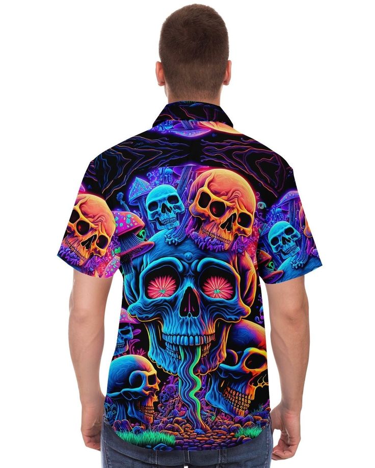 Bring the party wherever you go with the Psychedelic Skull Sanctuary Party Shirt! A kaleidoscope of colors, patterns, and rave energies, this shirt perfectly captures the spirit of psychedelic fun and free-spirited dancing. Crafted for the seasoned raver, it effortlessly pairs with our matching bucket hat or stands bold on its own. Beyond its psychedelic appeal, this shirt promises unparalleled comfort, making it a must-have for every rave or laid-back gathering. Vibrant and captivating psychede Multicolor Skull Print Summer Tops, Multicolor Skull Print Top For Summer, Multicolor Skull Print Tops For Summer, Festival Skull Print Short Sleeve Tops, Multicolor Rave Festival Tops, Multicolor Rave Tops For Festival, Halloween Multicolor Skull Print Tops, Multicolor Skull Print Tops For Halloween, Groovy Multicolor Festival Tops