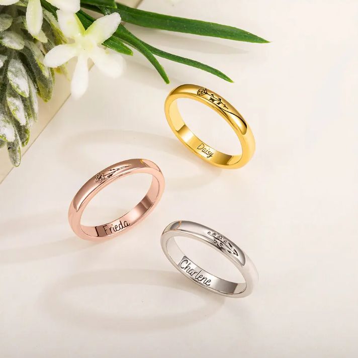 Elevate your accessory game with our exquisite Personalized Birth Flower Ring, a must-have for every woman's jewelry box. Crafted from premium sterling silver 925, this elegant ring is the epitome of versatility and style, making it an ideal choice for any occasion. Birth Flower Significance - Add a touch of sentimentality to your jewelry collection with our birth flower ring. Select the birth flower that resonates with you or your loved one to infuse your accessory with meaning and personality. Rose Gold Birth Flower Ring, Rose Gold Jewelry With Polished Finish For Promise, Classic Round Birth Flower Jewelry, Customizable Rose Gold Promise Jewelry, Classic Wedding Jewelry With Birth Flower, White Gold Promise Jewelry For Mother's Day, Dainty White Gold Jewelry With Engraving Option, Rose Gold Ring With Engraving Option, Classic Birth Flower Jewelry As Gift