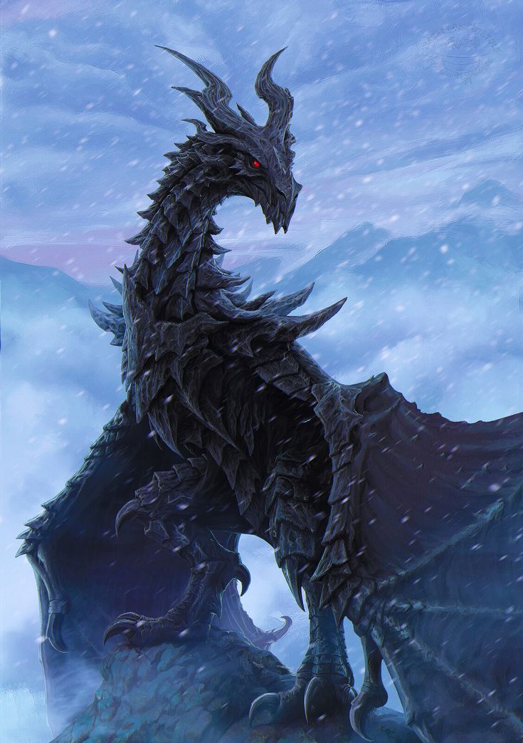 a large black dragon standing on top of a snow covered hill