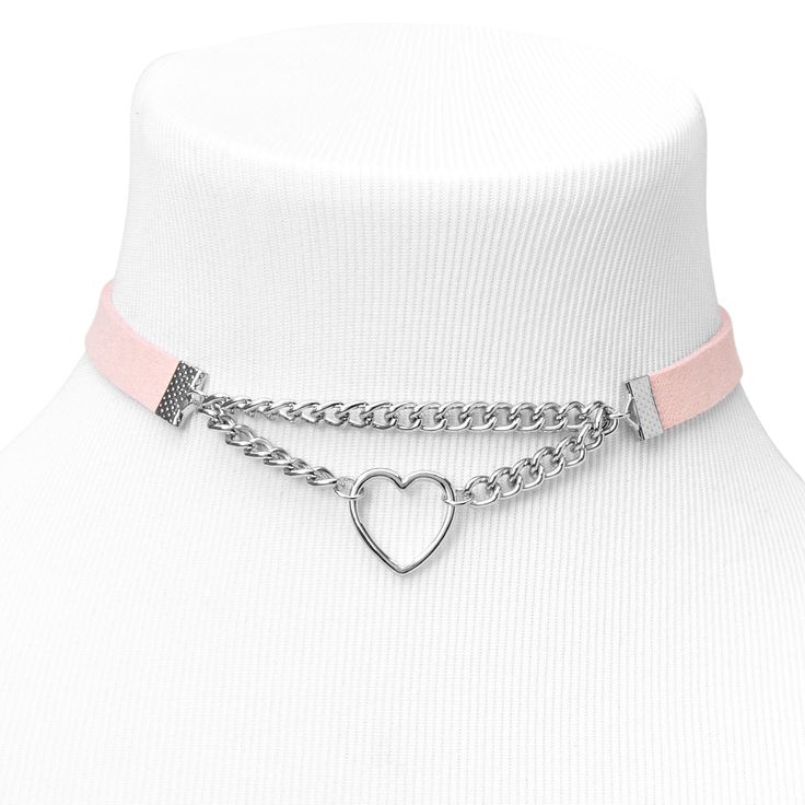 You will absolutely "heart" this edgy silver choker necklace! It features an open heart on two chains in the center for a cute touch, plus a girly pink band. Finish: Silver-tone Length: 10" Closure: Lobster clasp Material: Metal - Claire's Silver Heart Double Chain Choker Necklace Trendy Heart Pendant Choker For Valentine's Day, Trendy Adjustable Choker For Valentine's Day, Trendy Heart Shaped Metal Choker, Trendy Heart-shaped Metal Choker, Trendy Pink Metal Choker, Valentine's Day Heart Choker Necklace, Trendy Metal Choker With Heart Pendant, Trendy Heart Choker Necklace For Valentine's Day, Trendy Silver Heart-shaped Choker