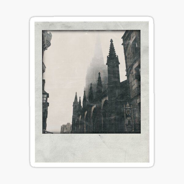 an old photo of a church in the fog sticker