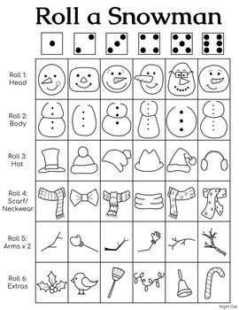 the printable roll and snowman game is shown in black and white, with different items