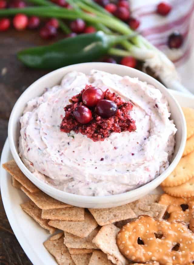 a white bowl filled with dip surrounded by crackers and cranberry toppings