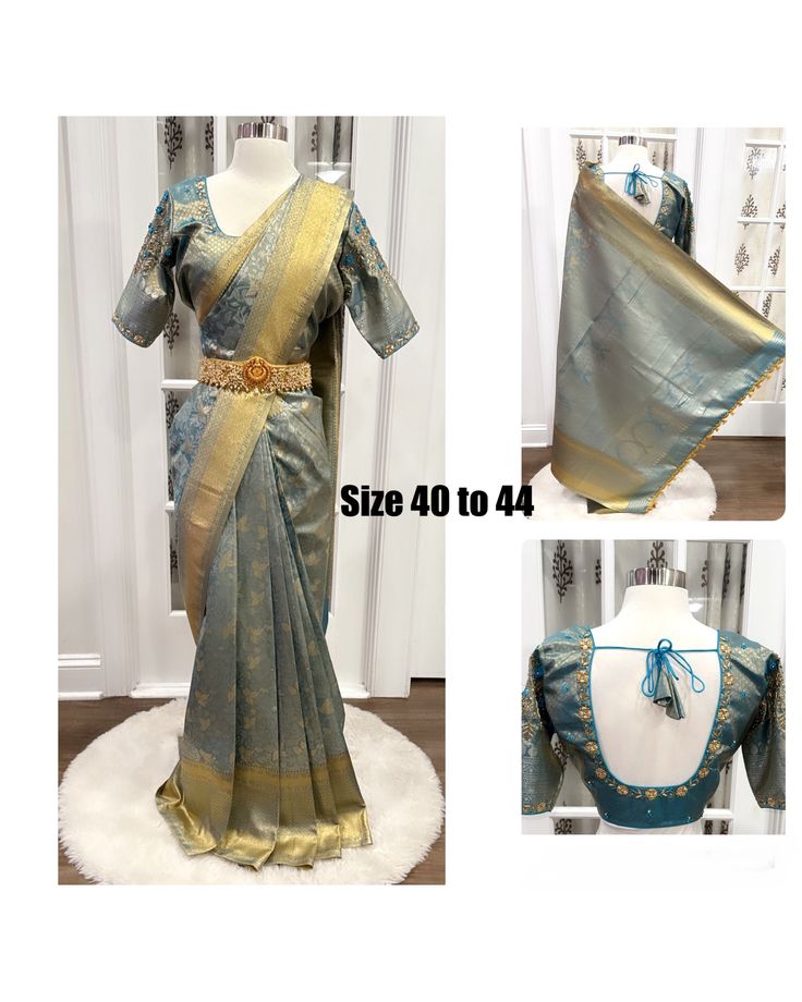 Elevate your ethnic wardrobe with our exquisite Banarasi silk saree, featuring a mesmerizing floral weave that exudes timeless elegance. Each saree is meticulously crafted by skilled artisans, ensuring impeccable quality and attention to detail. Paired with a stitched blouse adorned with intricate Maggam work, this ensemble is perfect for special occasions and festive celebrations. Available in sizes 42 to 45, this set offers a comfortable and flattering fit for every body type. Add a touch of t Formal Katan Silk Pre-draped Saree, Elegant Banarasi Silk Pre-draped Saree For Formal Occasions, Elegant Formal Banarasi Silk Pre-draped Saree, Elegant Fitted Banarasi Silk Pre-draped Saree, Elegant Jamawar Pre-draped Saree For Wedding, Elegant Brocade Pre-draped Saree For Designer Wear, Elegant Fitted Pre-draped Saree With Zari Weaving, Elegant Festive Brocade Pre-draped Saree, Elegant Wedding Pre-draped Jamawar Saree