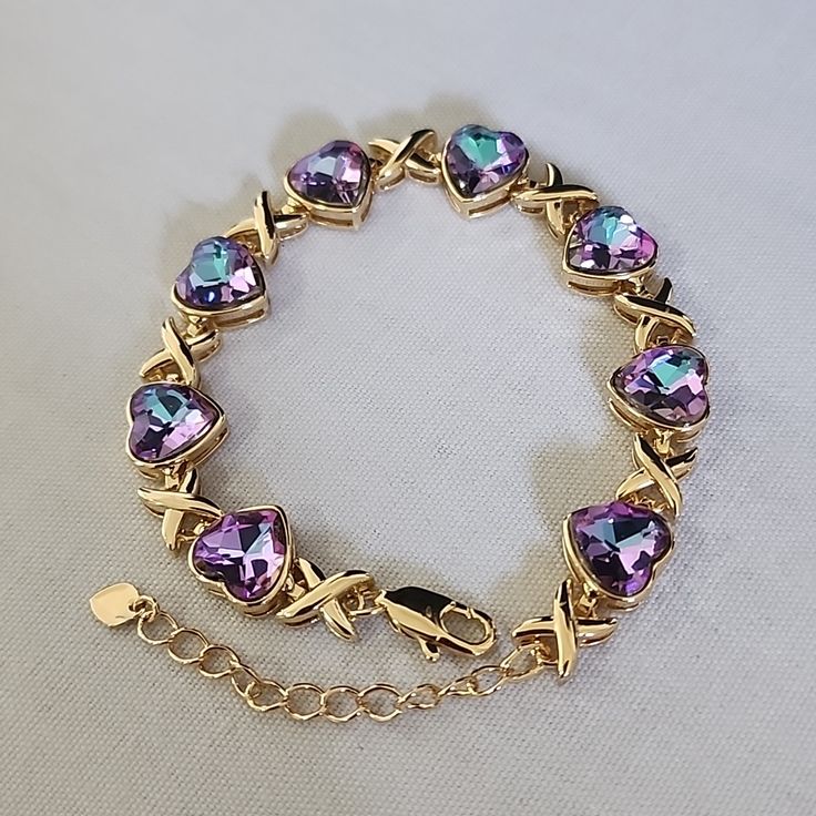 Beautiful Bracelet Xoxo Design The O Are Cz Crystal Hearts In A Purple Blue Color Gold Filled New @F Casual Dressy Work Office Fashion Staple Everyday Simple Style Layer Wedding Bridal Mystic Purple Heart Bracelet For Valentine's Day, Purple Bracelets For Valentine's Day, Xoxo Design, Purple Blue Color, Casual Dressy, Work Office, Crystal Heart, Dressy Casual, Heart Bracelet