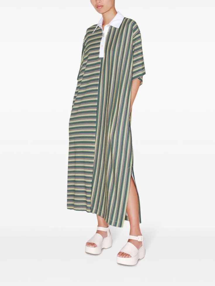 Rosetta Getty Rugby Striped Maxi Dress - Farfetch Striped Maxi Dress For Workwear In Spring, Spring Striped Maxi Dress For Work, Casual Striped Maxi Dress For Work, Elegant Striped Maxi Dress For Daywear, Summer Dress With Striped Collar And Short Sleeves, Chic Summer Shirt Dress With Vertical Stripes, Chic Long Striped Dress, Striped Maxi Dress For Daywear, Contrast Stripe Dresses For Workwear