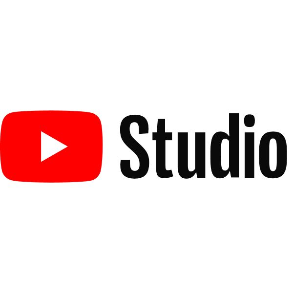 the youtube studio logo is shown in black and red on a white background with an arrow