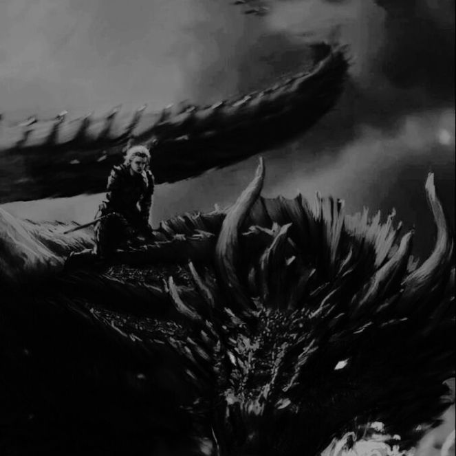 a black and white photo of a man on top of a large dragon in the sky