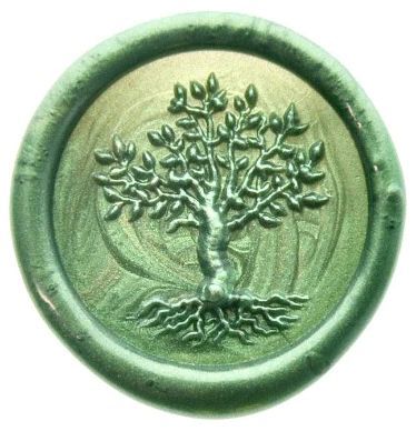 a green wax seal with a tree on it