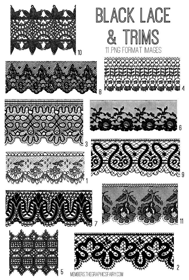 black lace and trims in different styles, sizes and colors with the text below it