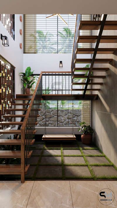 the stairs in this modern house are made of wood and metal, with moss growing on the floor