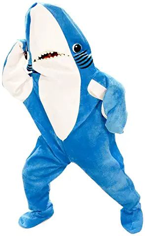 a blue and white shark mascot standing up