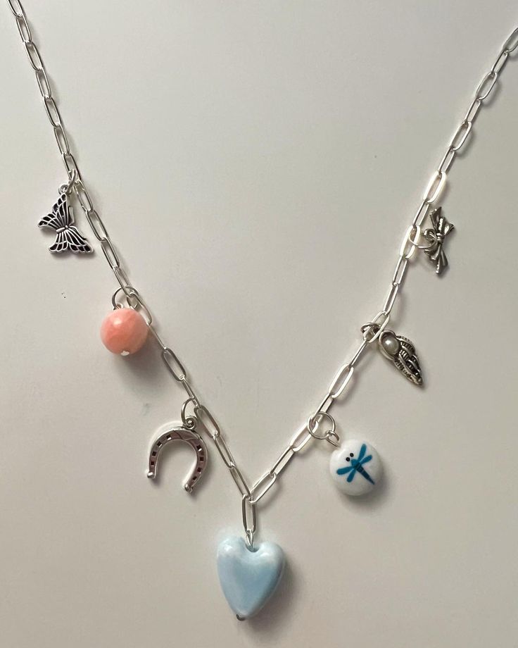 silver charm necklace with paperclip chain and lucky symbol charms 🎱 Aesthetic Necklace Silver, Hobby Lobby Charm Necklace, Diy Charm Necklace, Charm Necklace Ideas, Charm Necklace Diy, Silver Charm Necklace, Silver Jewelry Diy, Diy Collier, Charms Necklace