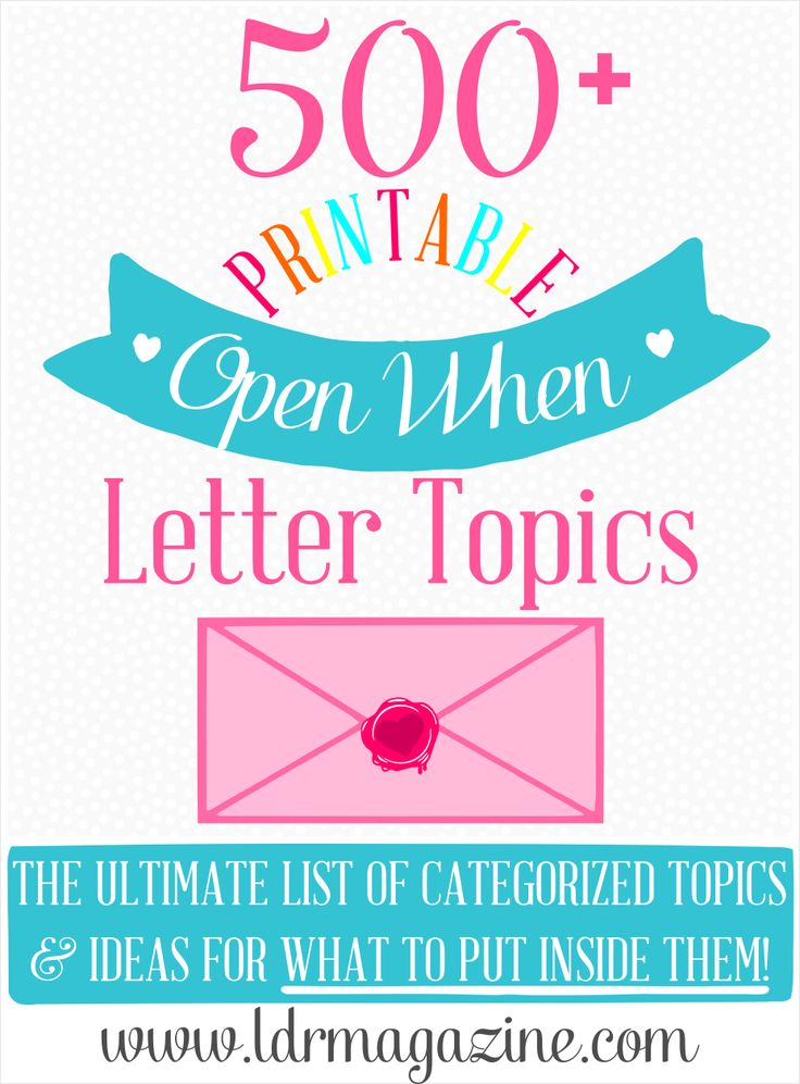 a pink envelope with the words 500 printable open when letter topics written below it