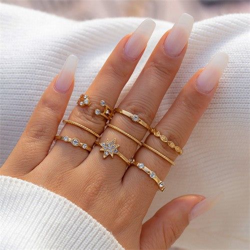 Rhinestone Grace: 10pcs Stylish Rings Set-Fashion Rings-StylinArts Elegant Alloy Midi Rings For Gifts, Elegant Alloy Midi Rings As Gift, Gold Alloy Midi Rings, Bra And Brief Sets, Timeless Luxury, Stylish Rings, Gold Ring Sets, Rings Set, Star Ring