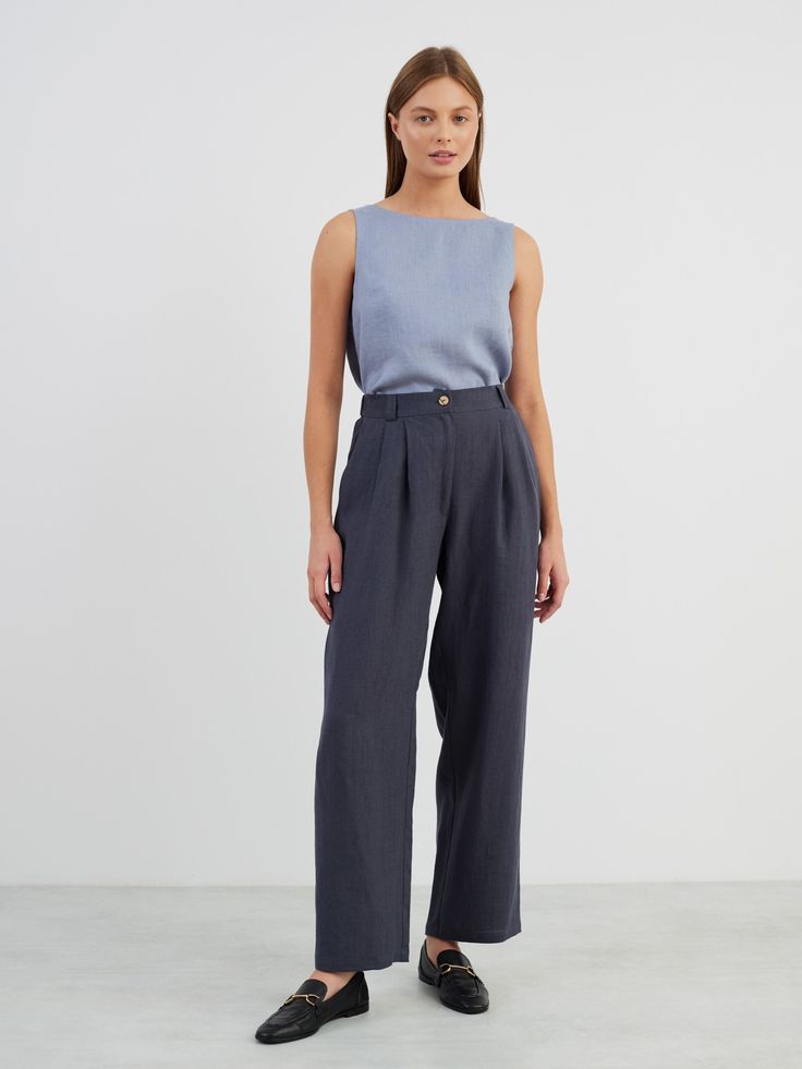 "JAMES is a high waisted tailored linen pants. DETAILS - High waisted - Seam pockets - Straight leg - Two front darts - Features hidden zip and the button in front - Elasticated back - 100% lightweight European linen fabric - Cut and sewn to order just for you in our studio COLOR - Dark Grey, you can also choose other colors above - Fabric samples are available here https://www.etsy.com/listing/586569696/linen-fabric-samples SIZING & FIT - Fits true to size - Model is 5'10\" / 178cm and wearing a size S CARE FOR LINEN - Machine wash up to 30ºC/86ºF gentle cycle - Lay flat to dry or tumble dry low - Warm iron if needed - Do not bleach SIZE GUIDE Size conversion guide Size XS (US 0-2, IT 36-38, UK 4-6, Japan 3-5, France 32-34) Size S (US 4-6, IT 40-42, UK 8-10, Japan 7-9, France 36-38) Size Chic Linen Workwear Bottoms, Chic Linen Bottoms For Work, Tailored Linen Wide Leg Pants For Business Casual, Business Casual Linen Wide Leg Pants, Chic Linen Bottoms With Welt Pockets, Chic Linen Pants For Work, Chic Flax Trousers, Office Linen Bottoms With Pockets, High-waisted Linen Dress Pants For Workwear