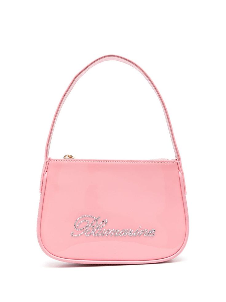 bubblegum pink calf leather patent finish rhinestone embellished embroidered logo to the front top zip fastening with branded zip puller main compartment internal logo patch cotton lining Pink Shoulder Bag With Zipper Closure For Evening, Pink Evening Bag With Zipper Closure, Designer Pink Shoulder Bag With Zipper Closure, Elegant Pink Shoulder Bag With Zipper Pocket, Trendy Pink Shoulder Bag With Rhinestones, Trendy Pink Rhinestone Shoulder Bag, Patent Leather Handbags, Zip Puller, Boy Aesthetic