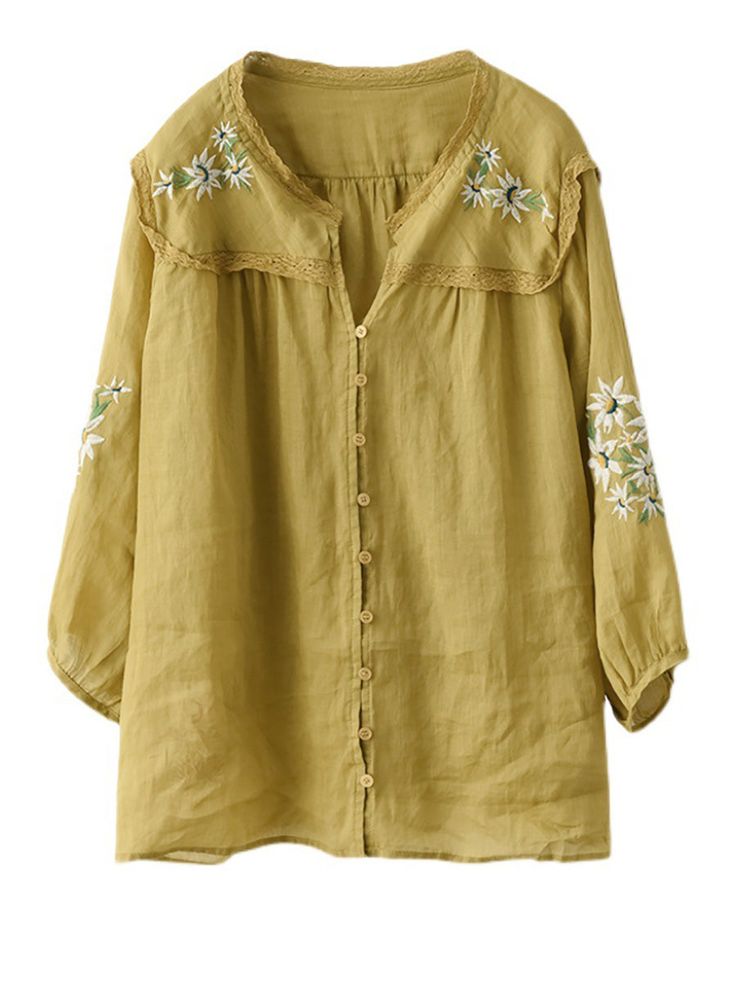 Embroidery Linen Casual Summer Women Shirt Long Sleeve Tops With Floral Embroidery For Summer, Bohemian Embroidered Button-up Tops, Spring Casual Blouse With Floral Embroidery, Green Floral Embroidery Tops For Fall, Long Sleeve Embroidered Top With Floral Design For Summer, Green Floral Embroidered Tops For Fall, Summer Embroidered Relaxed Fit Shirt, Casual Long Sleeve Embroidered Blouse, Casual Embroidered Blouse With Relaxed Fit