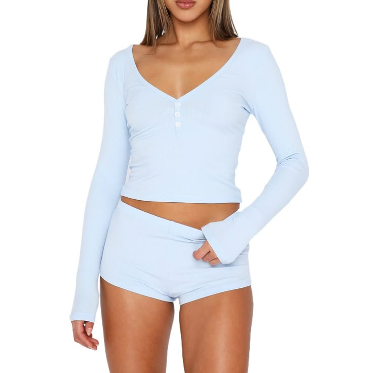 PRICES MAY VARY. Material: 2 Piece pajama set is made of stretchy, ultra soft, skinny, breathable and lightweight ribbed knit fabric for women sleepwear, lounge wear. Basic women’s 2 piece loungewear outfit set include a ribbed knit long sleeve crop top and a slim fit mini short pants. Featuring long sleeve, v button up closure, tight slim fit, elastic high waist mini shorts. Design: The cami pajamas sets includes cami top an elastic waisted ruch bodycon shorts, the elastic waistband will make i Trendy Lounge Wear, Lounge Sleepwear, Outfits Pajamas, Loungewear Outfit, Cropped Tee Shirt, Shorts Y2k, Crop Top And Shorts, Loungewear Set, Womens Loungewear